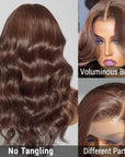 Layered Bangs Chestnut Brown Loose Wave 5x5 Closure Lace Glueless Mid Part Long Wig 100% Human Hair