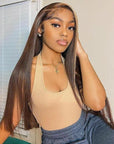 Brown Color With Blonde Highlights Remy Straight Lace Front Human Hair Wigs