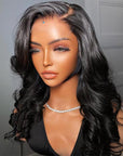Natural Black Loose Body Wave 5x5 Closure HD Lace Glueless Mid Part Long Wig 100% Human Hair