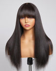 Yaki Straight Ultra Natural Minimalist Undetectable Lace Long Wig With Bangs 100% Human Hair