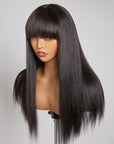 Yaki Straight Ultra Natural Minimalist Undetectable Lace Long Wig With Bangs 100% Human Hair