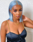 Light Blue Colored Straight 13x4 Lace Front Bob Glueless Human Hair Wig