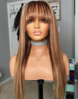 Highlight Brown Honey Blonde Straight Wig With Bangs Glueless Human Hair Wig With Fringe