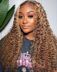 Glueless Invisiable Crystal HD Lace Highlight Brown Curly 13x4 5x5 Lace Wig Honey Blonde Human Hair Wig