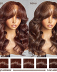 Layered Bangs Chestnut Brown Loose Wave 5x5 Closure Lace Glueless Mid Part Long Wig 100% Human Hair