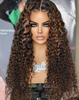 Glueless Crystal HD Lace Highlight Brown Curly 13x4 Lace Front Wig Human Hair Wig