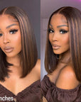Glueless Chestnut Brown Highlights Straight 4x4 Closure Bob Wig 100% Human Hair