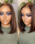Glueless Chestnut Brown Highlights Straight 4x4 Closure Bob Wig 100% Human Hair