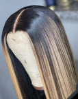 Highlight Balayage Blonde Straight 13x4 Lace Front Bob Wig Glueless Human Hair Wig Double Drawn