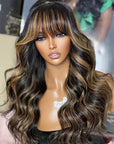 Balayage Honey Blonde Body Wave True Scalp Wig With Bangs Glueless Wig