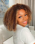 Mix Color Brown Kinky Curly Short Cut Glueless Lace Closure Wig