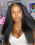 Glueless High Density Kinky Straight 4x4 Closure Lace Long Wig 100% Human Hair