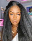 Glueless High Density Kinky Straight 4x4 Closure Lace Long Wig 100% Human Hair