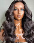 Super Easy Natural Black Body Wave 4x4 Closure Lace Glueless Mid Part Long Wig 100% Human Hair
