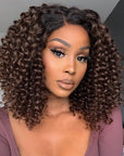 Black To Brown Ombre Bouncy Curly 4x4 Closure Lace Glueless Side Part Long Wig 100% Human Hair