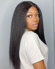 Glueless High Density Kinky Straight 4x4 Closure Lace Long Wig 100% Human Hair