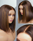 Glueless Chestnut Brown Highlights Straight 4x4 Closure Bob Wig 100% Human Hair