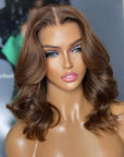 Dark Brown Short Wavy 13x4 Lace Front Bob Wig Glueless Bob Human Hair Wig Double Drawn