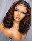 5X5 Crystal Lace Double Drawn Redish Brown Highlight Curly BoB Lace Closure Wigs
