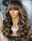Balayage Honey Blonde Body Wave True Scalp Wig With Bangs Glueless Wig