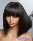 Upgraded Silky Straight Glueless Minimalist Lace Bob Wig With Bangs 100% Human Hair