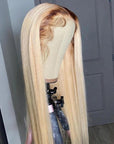 4/613 Ombre Blonde Straight Lace Front Wigs With Chocolate Brown Roots