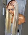 4/613 Ombre Blonde Straight Lace Front Wigs With Chocolate Brown Roots