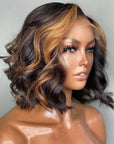 Short Wavy Bob Lace Front Human Hair Wigs 13X4 Highlight Honey Blonde Wigs