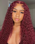 99J Colored Curly 13x4 Lace Front Wig Burgundy Glueless Human Hair Wig