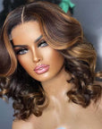 Crystal Lace Highlight Honey Blonde Color Short Bob Wavy 13x4 Lace Front Wig Double Drawn HD Lace 4x4 Lace Closure Bob Wig