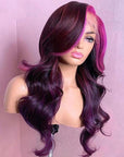 Pink Purple Wavy 13x4 Lace Front Human Hair Wig Pink Streak At Front Glueless Wig