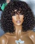 Full Curly Bob True Scalp Wig With Bangs Glueless Human Hair Wig