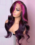 Pink Purple Wavy 13x4 Lace Front Human Hair Wig Pink Streak At Front Glueless Wig
