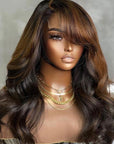 Brown Mix Black / Natural Black C Part Glueless Loose Wave 5x5 Closure Wig With Bangs 100% Human Hair