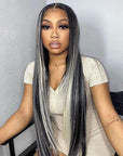 Black and White Wig Straight Lace Front Wig Platinum Highlights Human Hair Wig