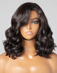 Elegant Natural Black Wavy Minimalist HD Lace Glueless C Part Short Wig 100% Human Hair