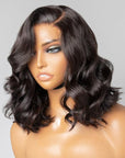 Elegant Natural Black Wavy Minimalist HD Lace Glueless C Part Short Wig 100% Human Hair