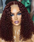 Dark Burgundy or Brown Kinky Curly 5x5 Closure Lace Glueless Mid Part Long Wig 100% Human Hair
