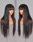 Glueless Silky Straight Human Hair Wigs With Bangs Throw On & Go Workout wigs