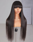 Glueless Silky Straight Human Hair Wigs With Bangs Throw On & Go Workout wigs