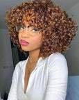 Highlight Honey Blonde Curly Short Bob Wig With Bangs Natural Black Glueless Fringe Wigs