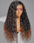 Limited Design | Sweety Brown Tails Highlight Water Wave 13x4 Frontal HD Lace C Part Long Wig 100% Human Hair