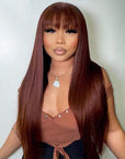 Reddish Brown Straight 13x4 Lace Front Wig With Bangs Machinemade Human Hair Wig Easy to Go