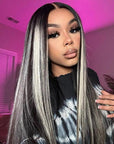 Black and White Wig Straight Lace Front Wig Platinum Highlights Human Hair Wig