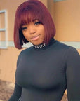 Red Wine Color Bob Wig with Bangs Capless Human Hair Wigs With Bang Dark 99J