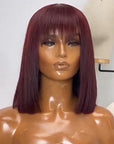 Red Wine Color Bob Wig with Bangs Capless Human Hair Wigs With Bang Dark 99J