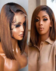 Side Part Ombre Chocolate Brown Blunt Cut Bob Wig 5x5 Transparent HD Lace Closure Wigs