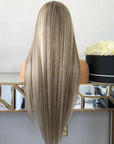 Glueless Ash Blonde Wig With Dark Roots Ombre Colored Straight 13x4 Lace Frontal Wig