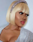 Blonde Bob Cut Human Hair Lace Front Closure Wigs With Bang