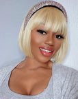 Blonde Bob Cut Human Hair Lace Front Closure Wigs With Bang